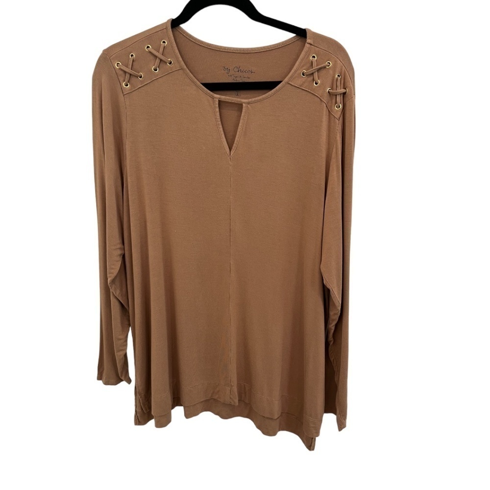 By Chico's Long Sleeve Lace Up Shoulder Stretch Knit Top Chico's Size 3